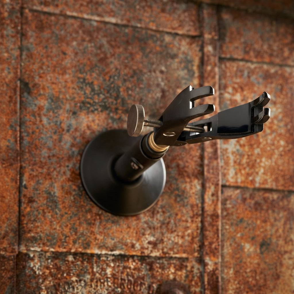 Curator Wall Mount with Clamp with a rustic background
