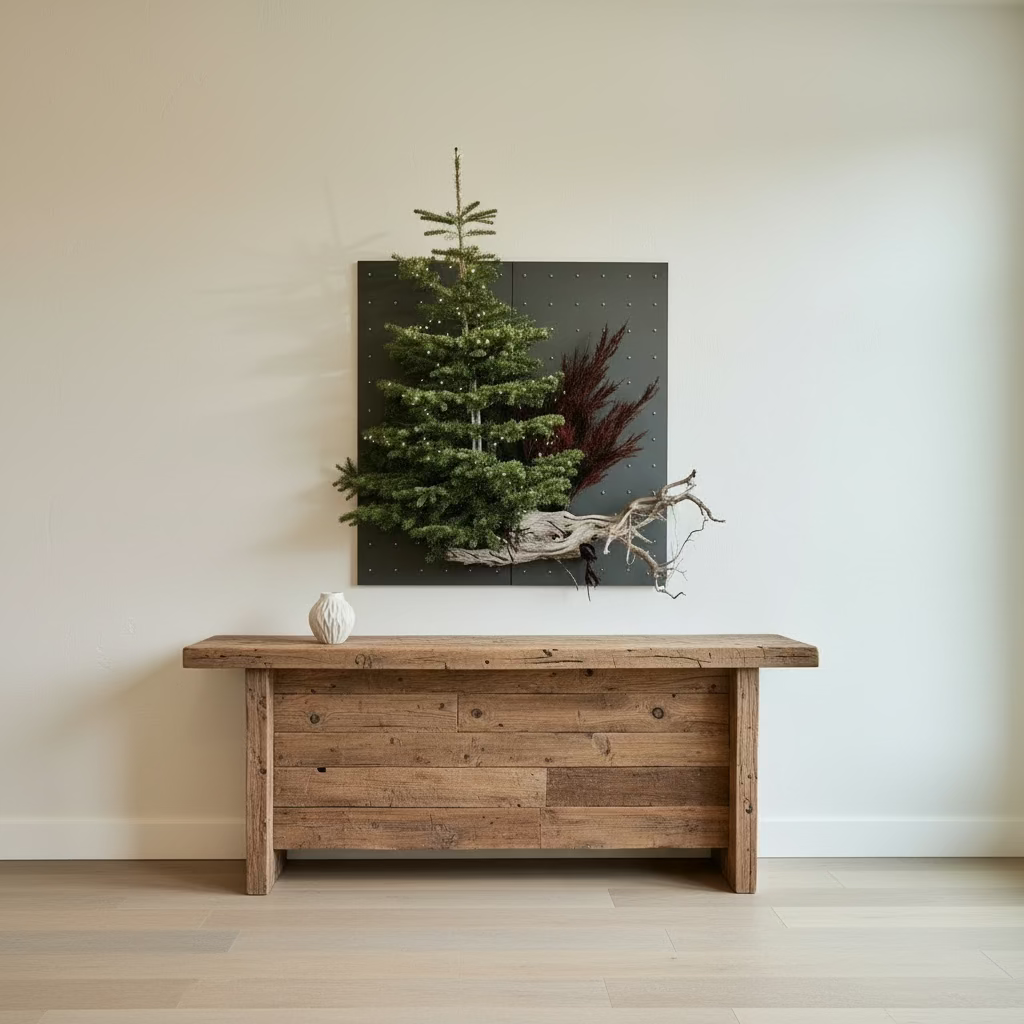 Decorative pair of 36x72 Curator Wall Panels with a small Christmas tree, branches, and a chain against a textured wall.