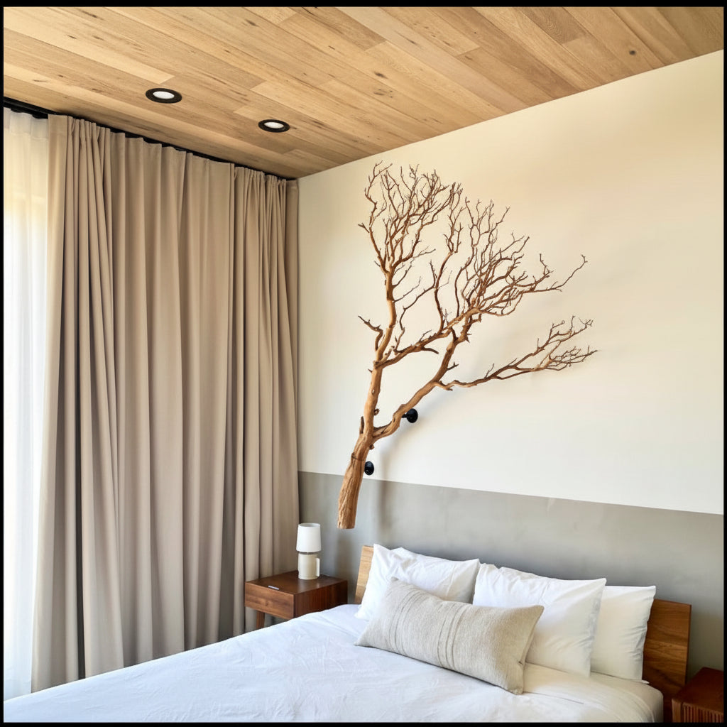 Bedroom with a decorative branch installed with Curator Wall Mounts above the bed
