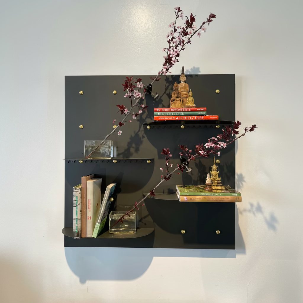 Black Curator Wall Panel with shelves, books and decorative items on a white wall