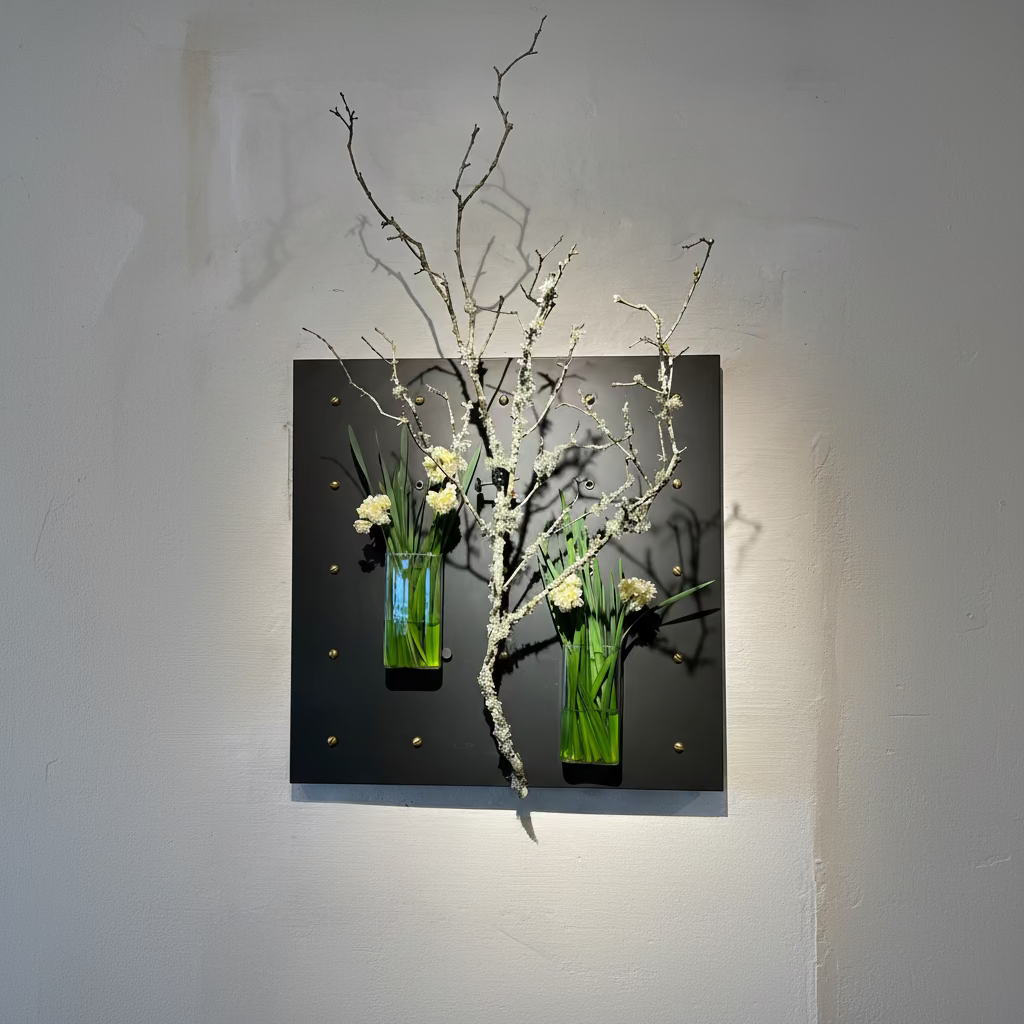 Decorative arrangement with branches and small flowers on Curator Wall Panel in green vases on a dark background