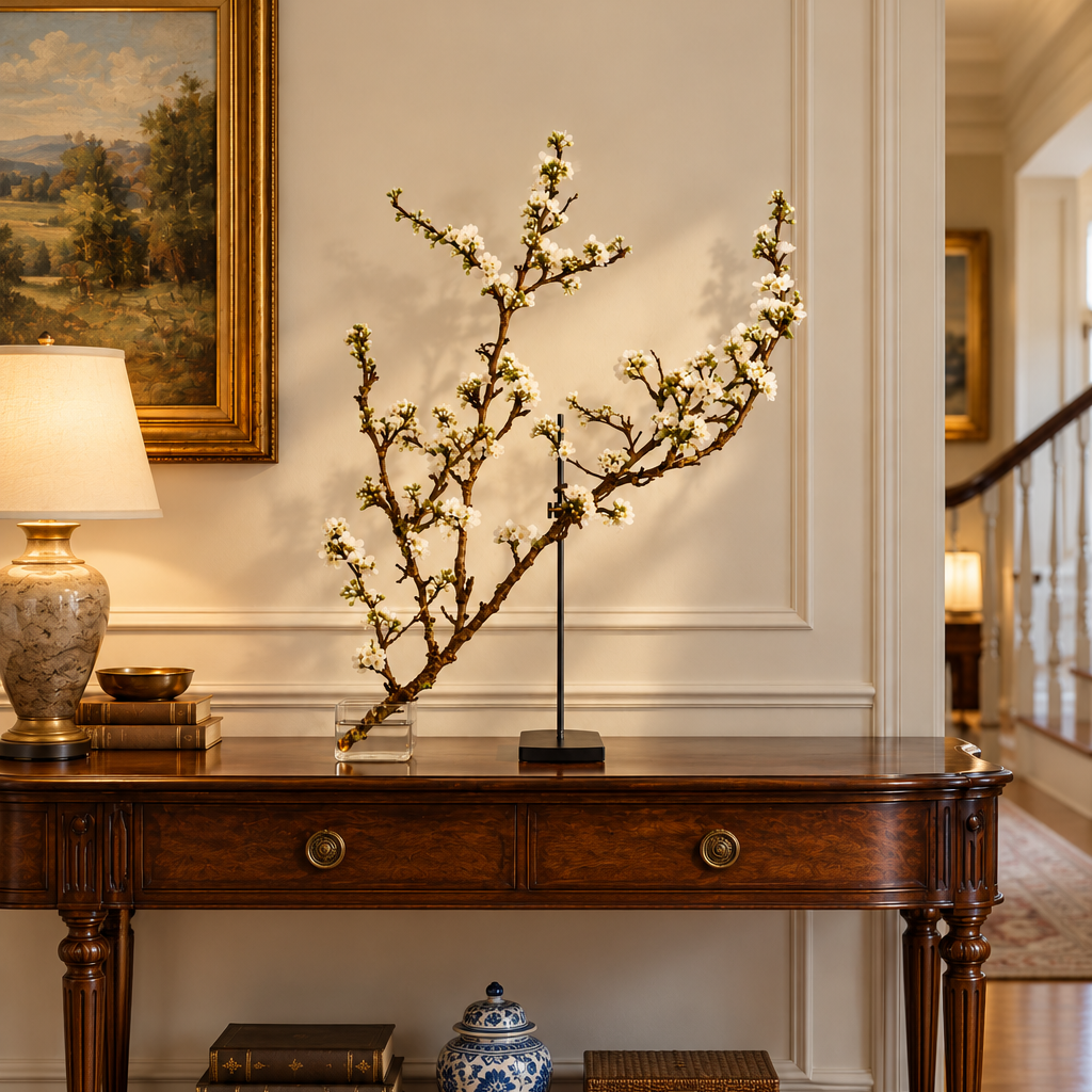 A decorative flowering branch arrangement on a dark wood console table in a classic interior room with a lamp, framed landscape painting, and a blue-and-white ceramic jar.